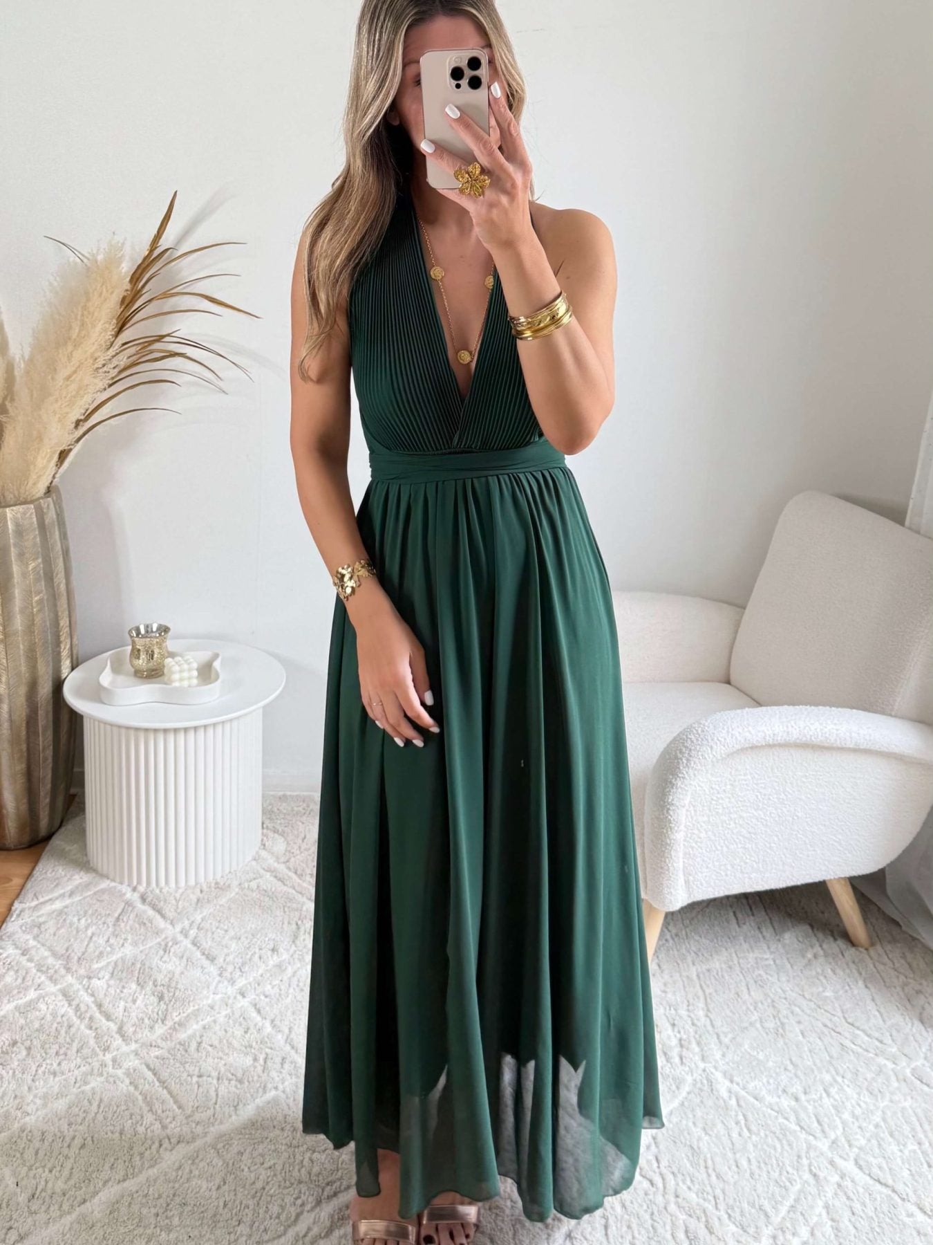 Robe longue vert foncé Valentina dos croisé taille unique, robe élégante fluide pour cérémonie et été – Easy Dressing