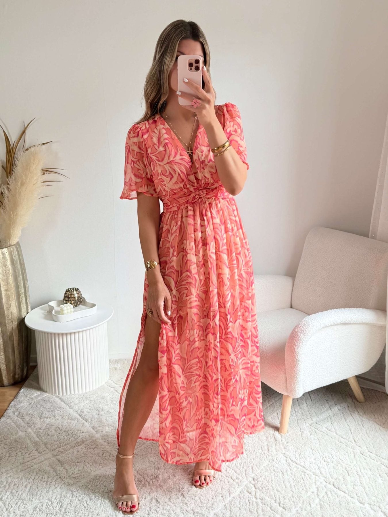 Robe longue fendue corail imprimé floral- Lisa