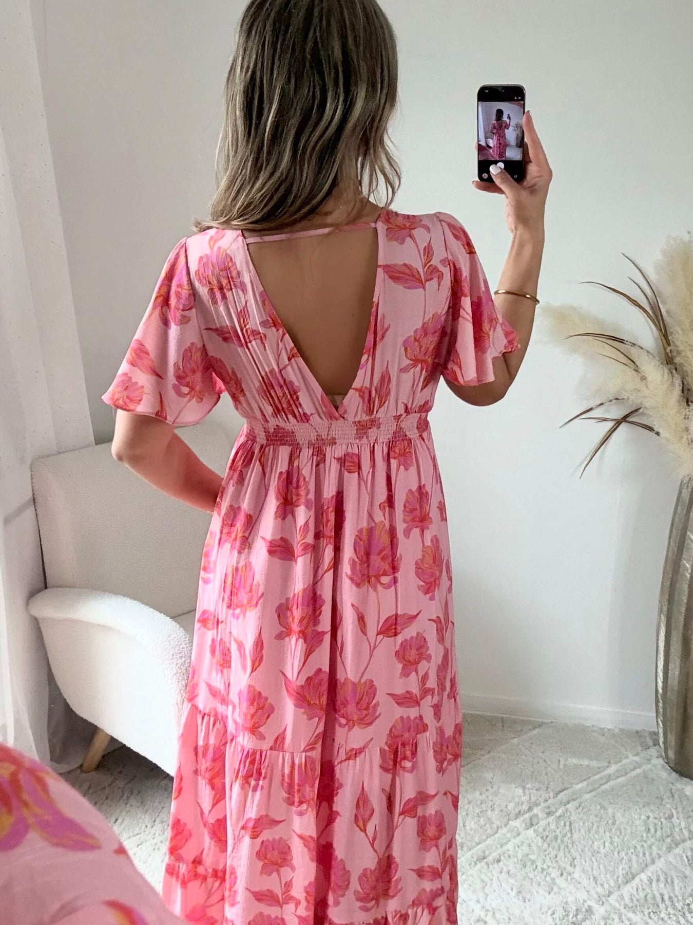 Robe longue fleurie rose - Anaelle du S au 4XL dos en V