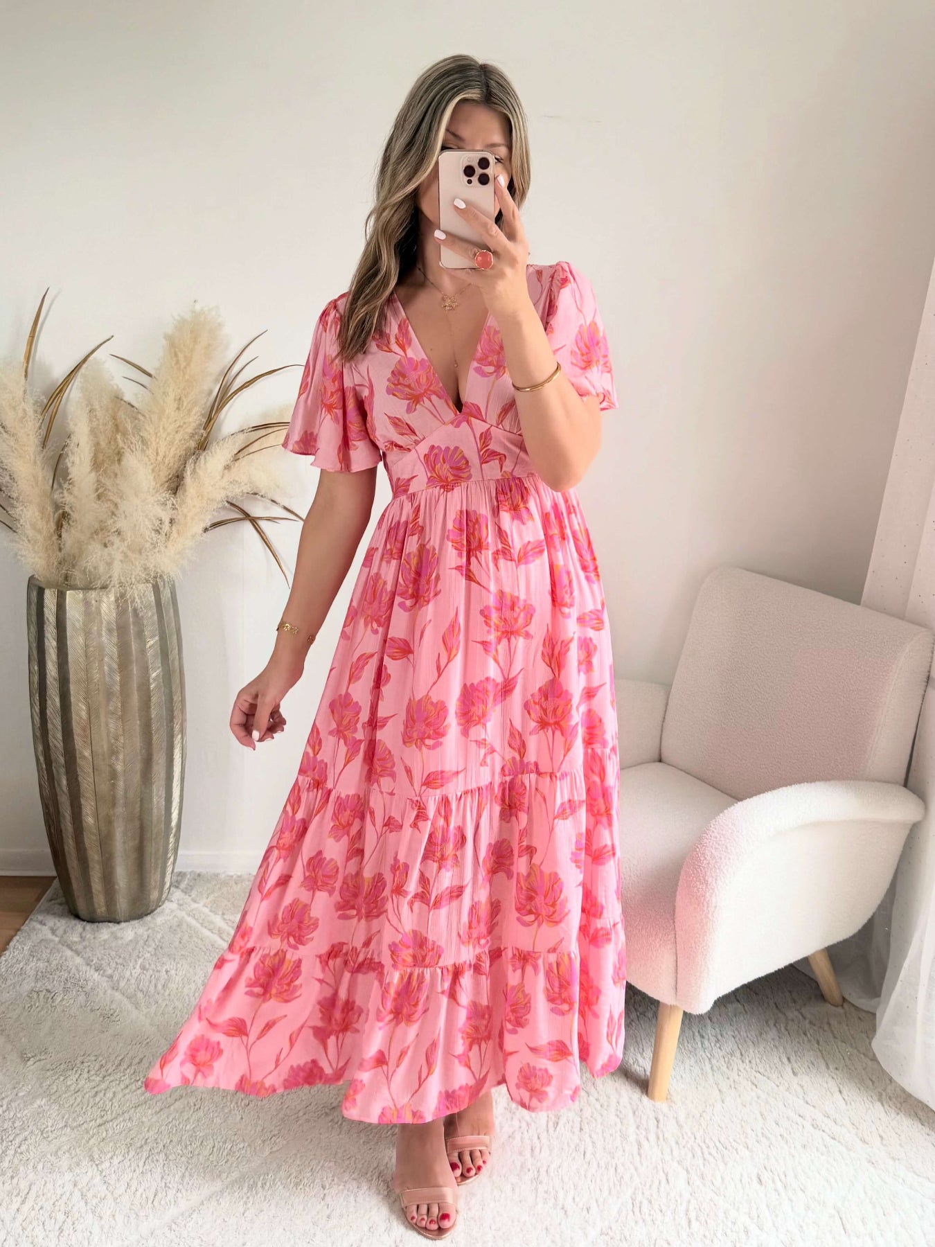 Robe longue fleurie rose - Anaelle du S au 4XL dos en V