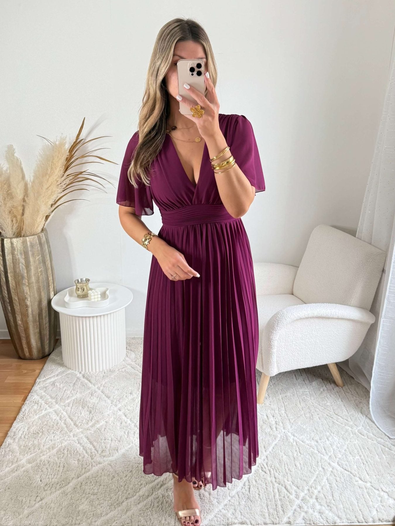 Robe longue prune plissée - Ana idéale pour cérémonie