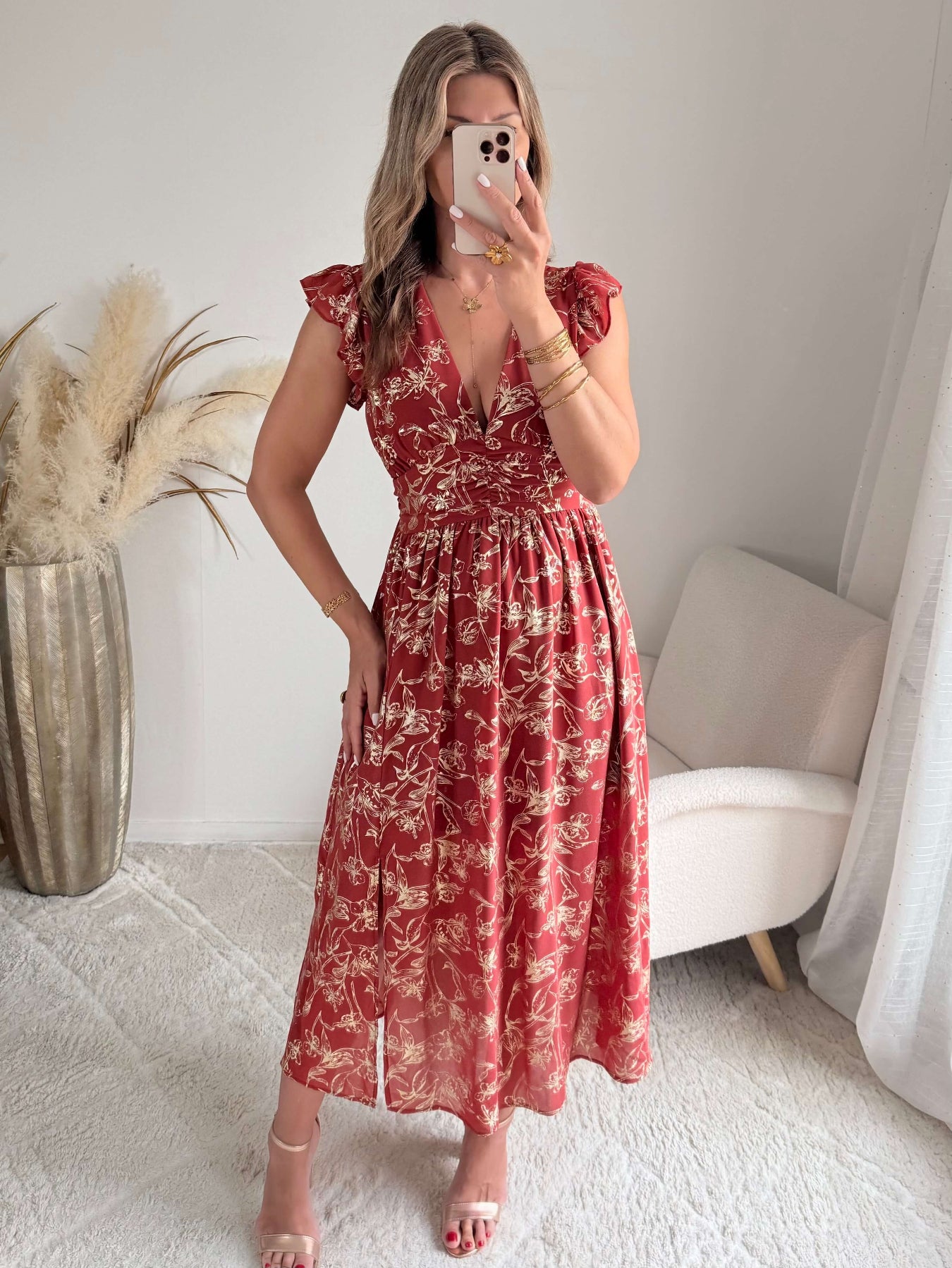 Robe terracotta dorée Alice fluide fendue femme élégante Easy Dressing