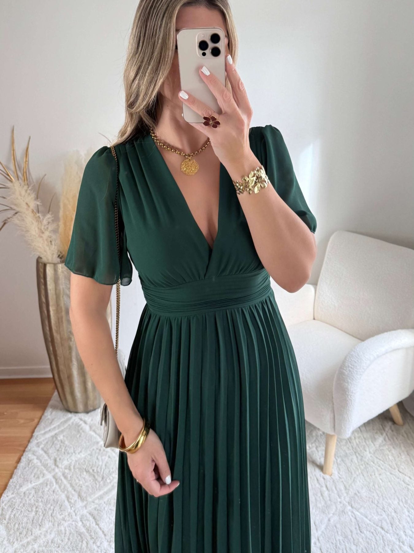 Robe plissée verte foncée - femme élégante du S au 3XL
