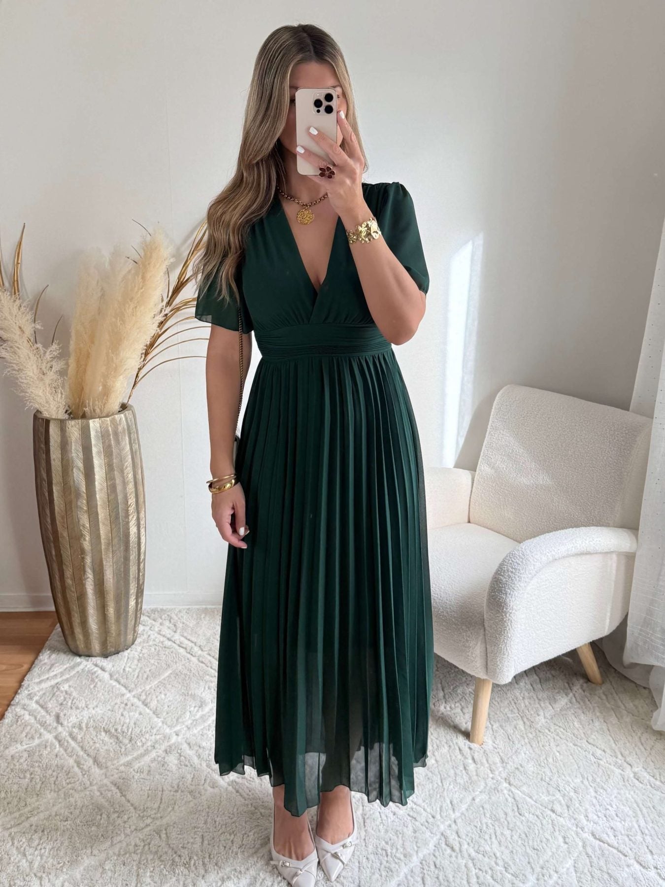 Robe plissée verte foncée - femme élégante du S au 3XL