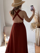 Robe longue terracotta Valentina dos croisé taille unique, robe élégante fluide pour cérémonie et été – Easy Dressing