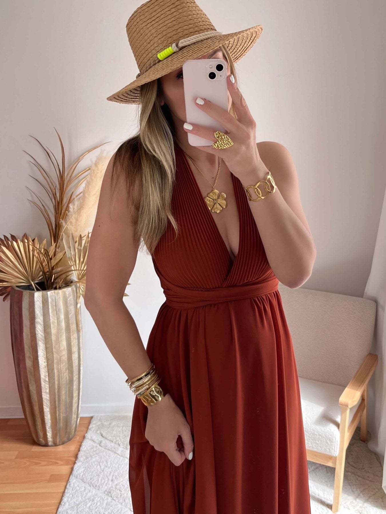Robe longue terracotta Valentina dos croisé taille unique, robe élégante fluide pour cérémonie et été – Easy Dressing