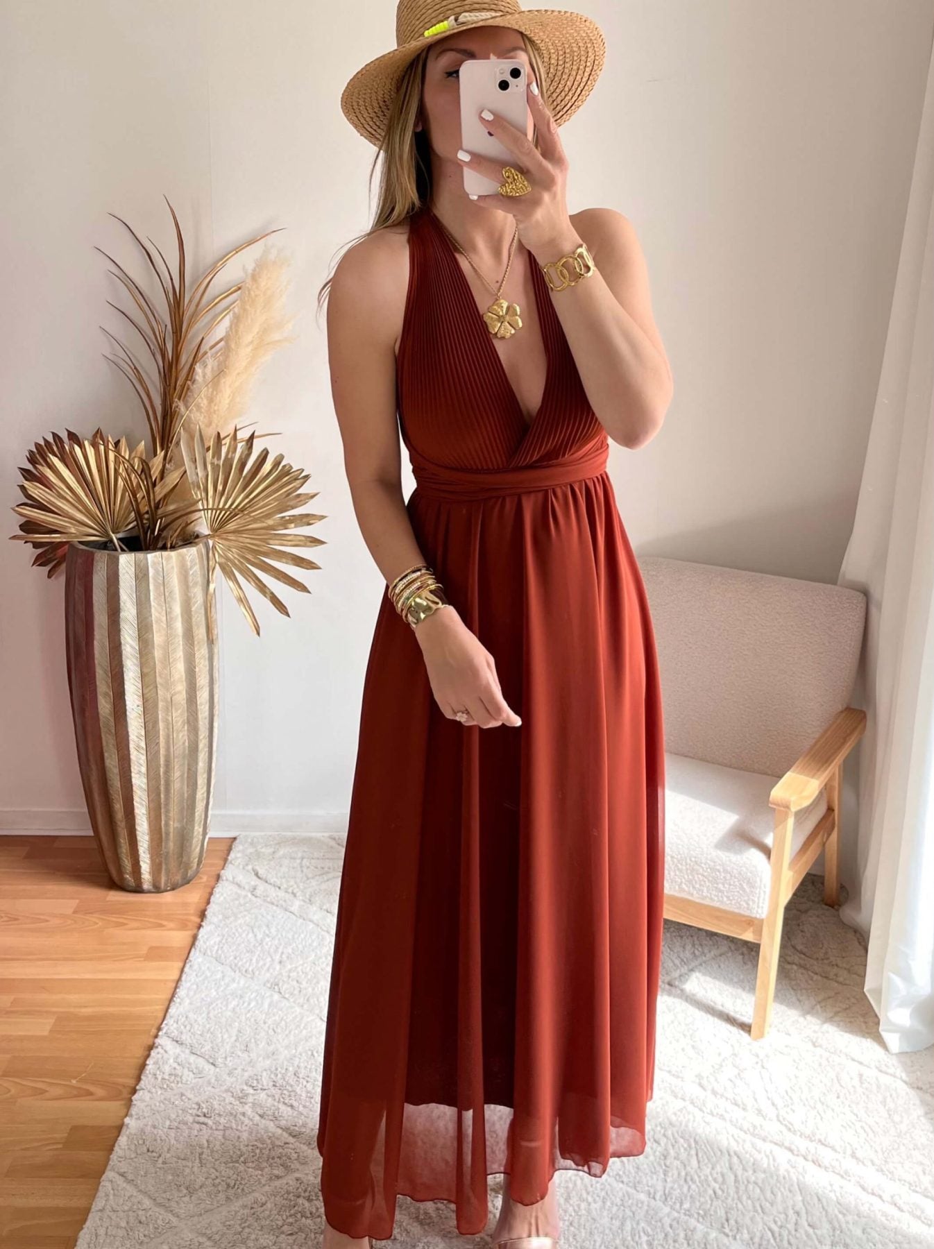 Robe longue terracotta Valentina dos croisé taille unique, robe élégante fluide pour cérémonie et été – Easy Dressing