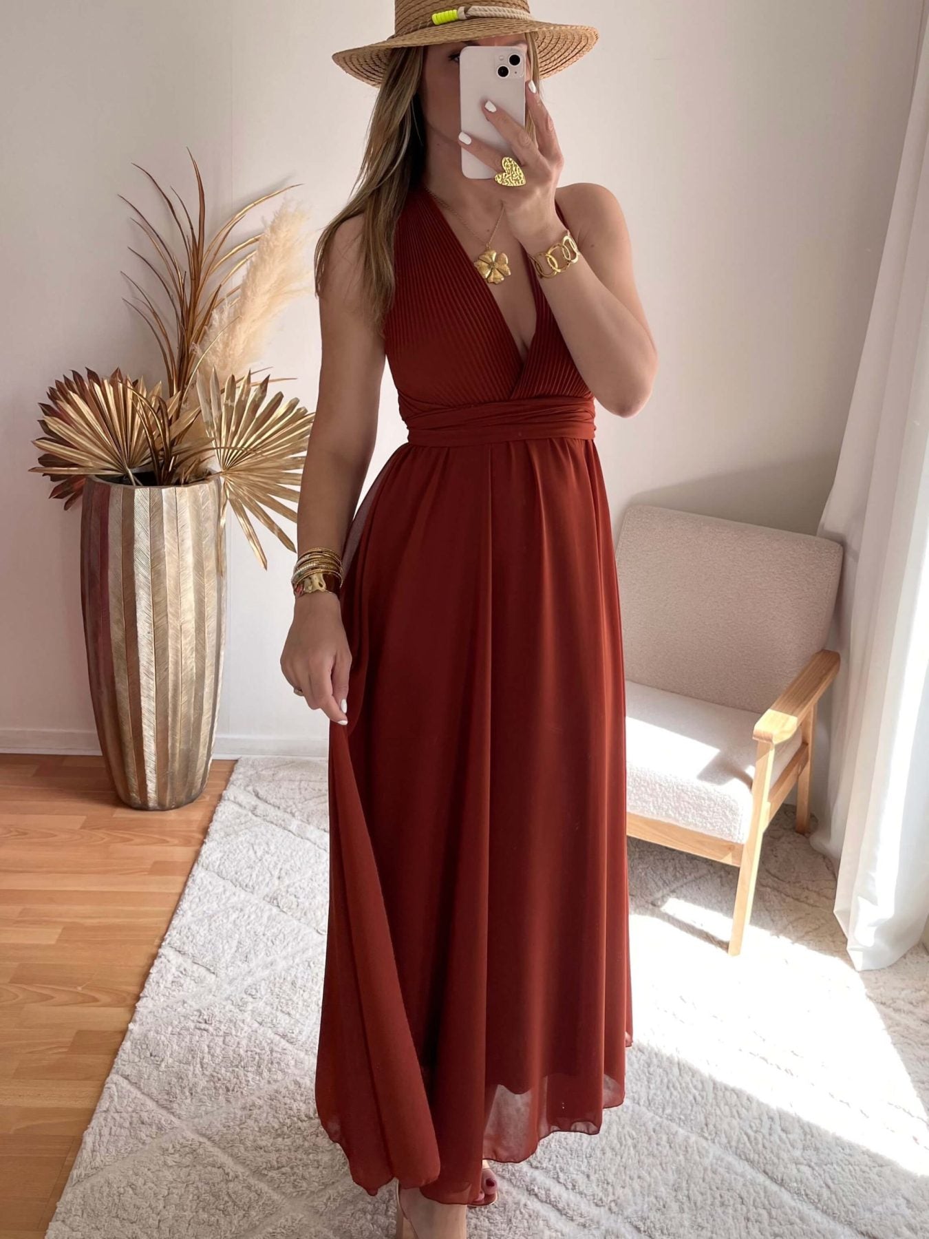 Robe longue terracotta Valentina dos croisé taille unique, robe élégante fluide pour cérémonie et été – Easy Dressing