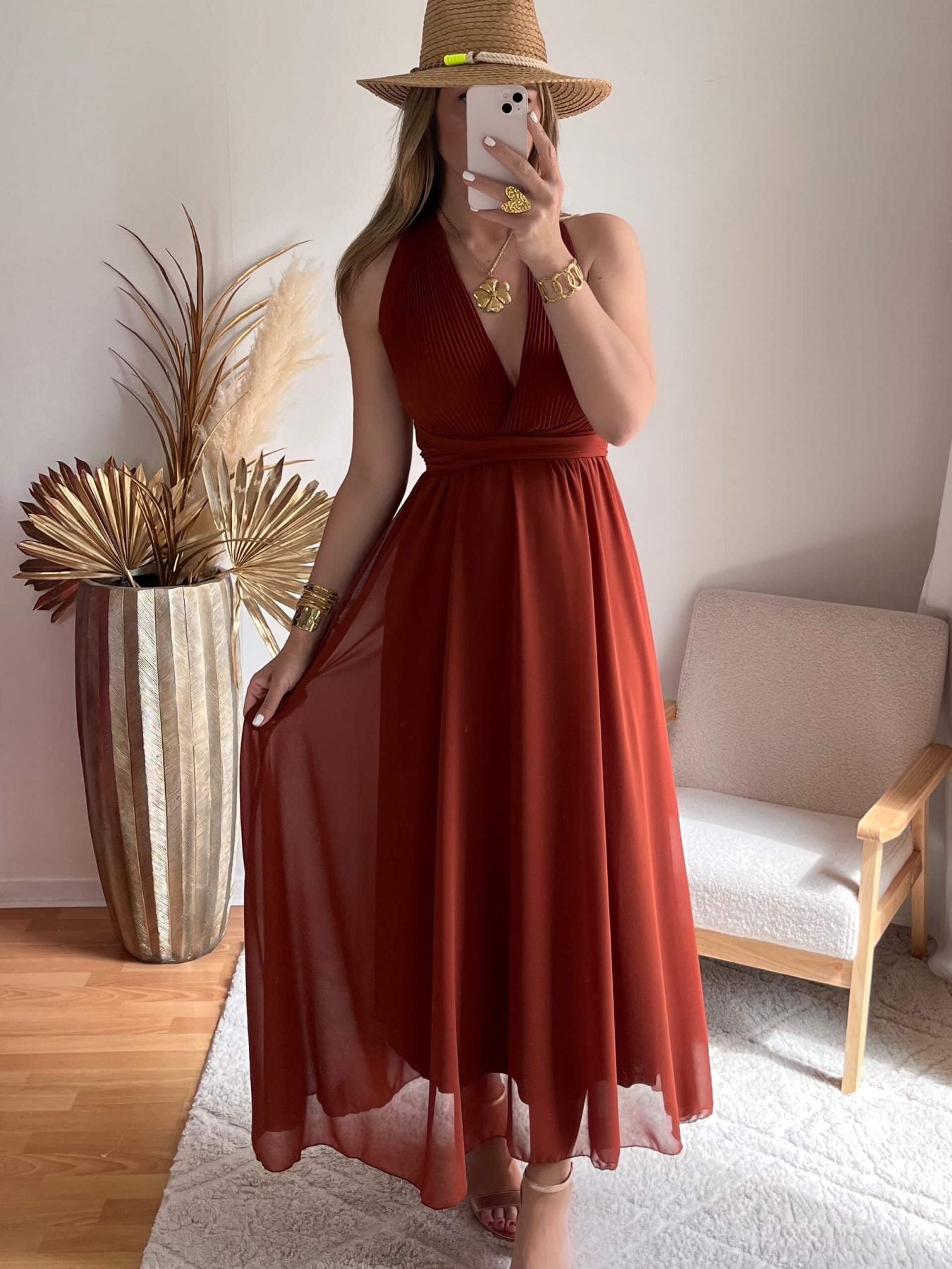 Robe longue terracotta Valentina dos croisé taille unique, robe élégante fluide pour cérémonie et été – Easy Dressing