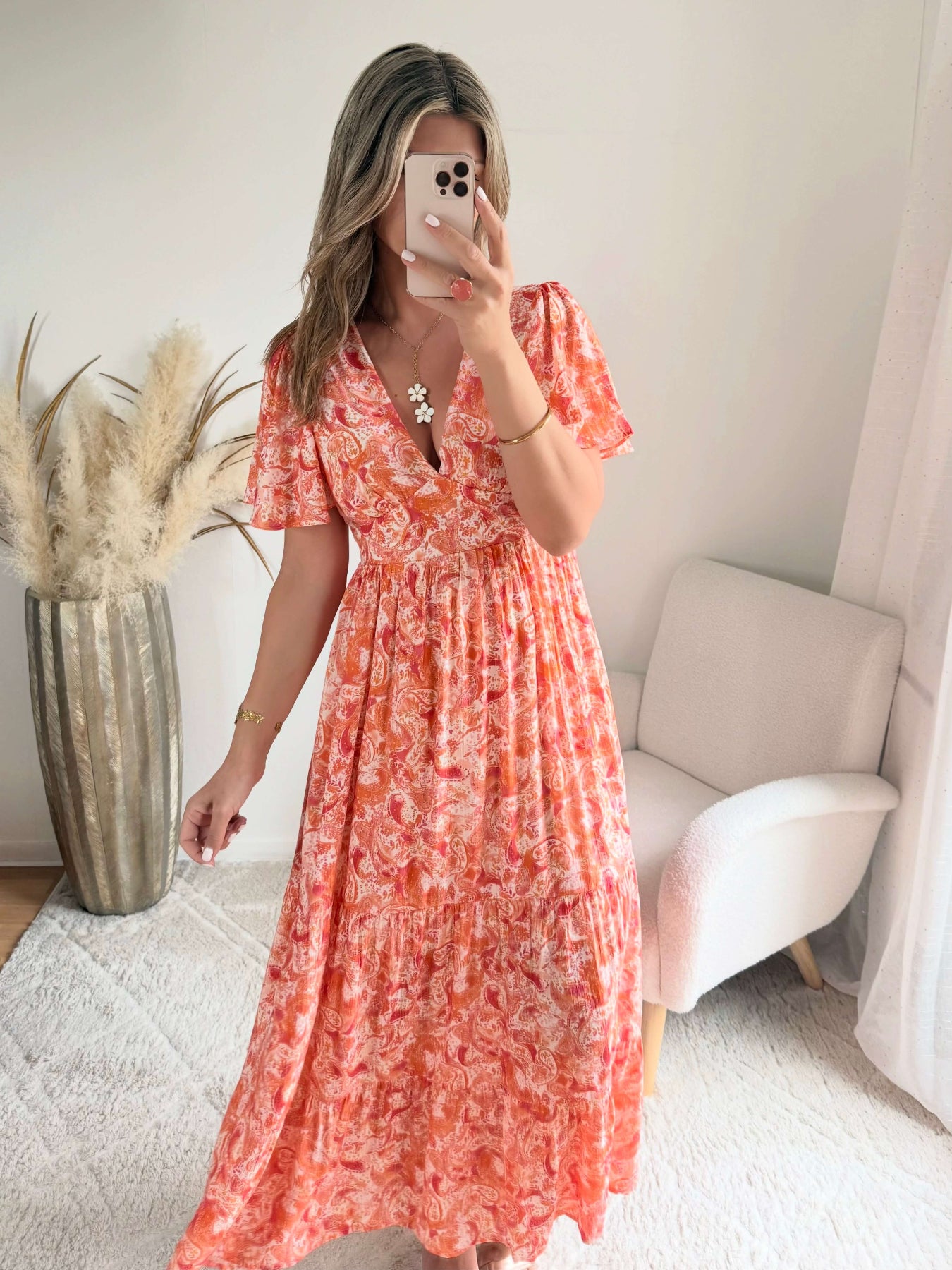 Robe longue corail - Lyana du S au 4XL manches fluides et décolleté croisé