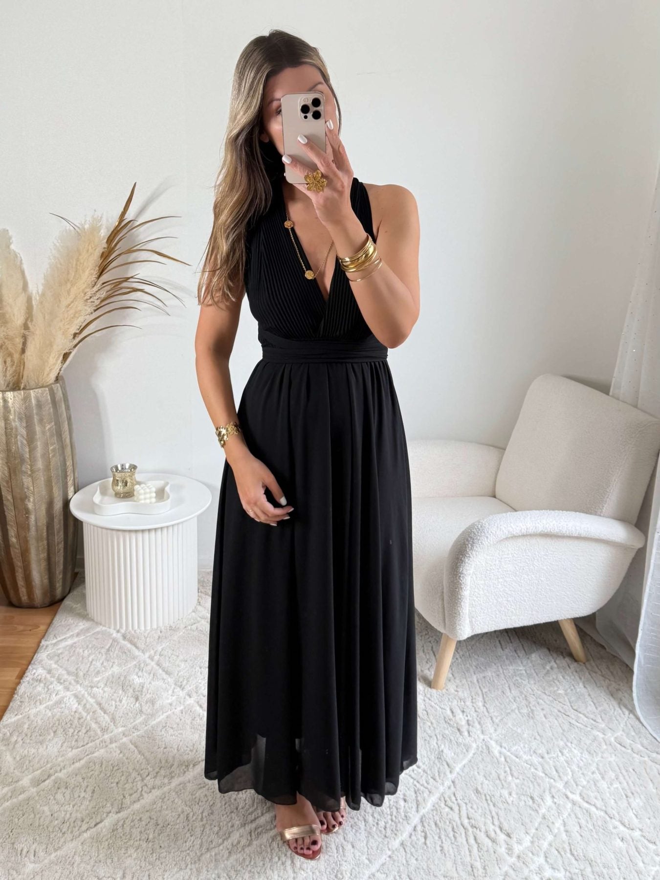 Robe longue noire Valentina dos croisé taille unique, robe élégante fluide pour cérémonie et été – Easy Dressing