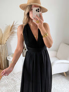 Robe longue noire Valentina dos croisé taille unique, robe élégante fluide pour cérémonie et été – Easy Dressing