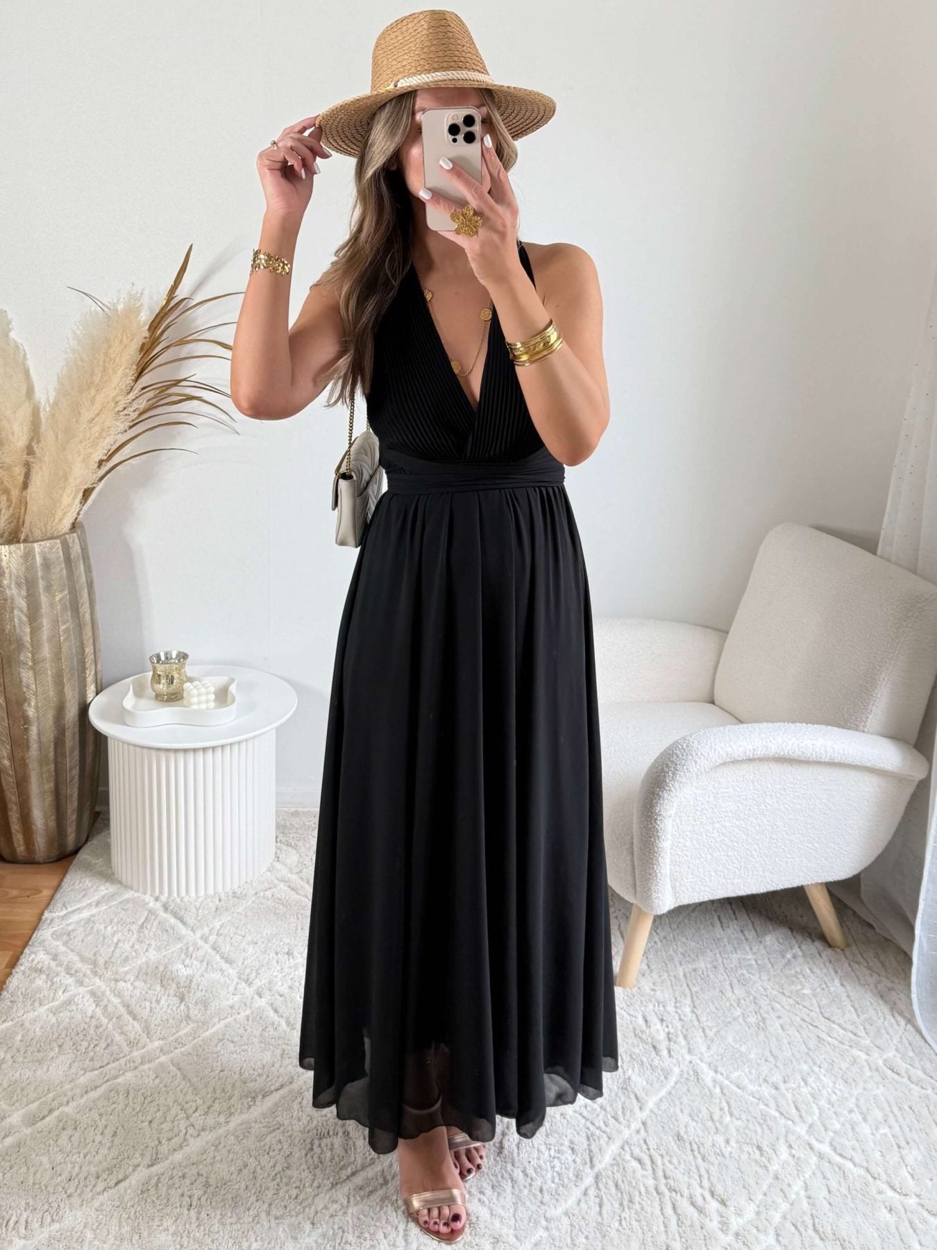 Robe longue noire Valentina dos croisé taille unique, robe élégante fluide pour cérémonie et été – Easy Dressing
