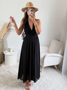 Robe longue noire Valentina dos croisé taille unique, robe élégante fluide pour cérémonie et été – Easy Dressing