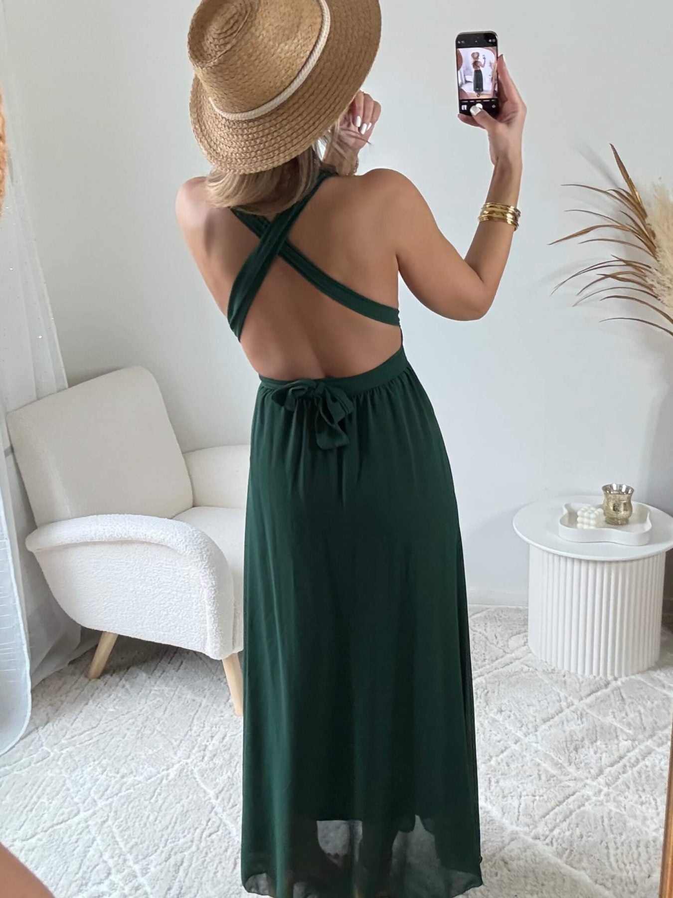 Robe longue vert foncé Valentina dos croisé taille unique, robe élégante fluide pour cérémonie et été – Easy Dressing