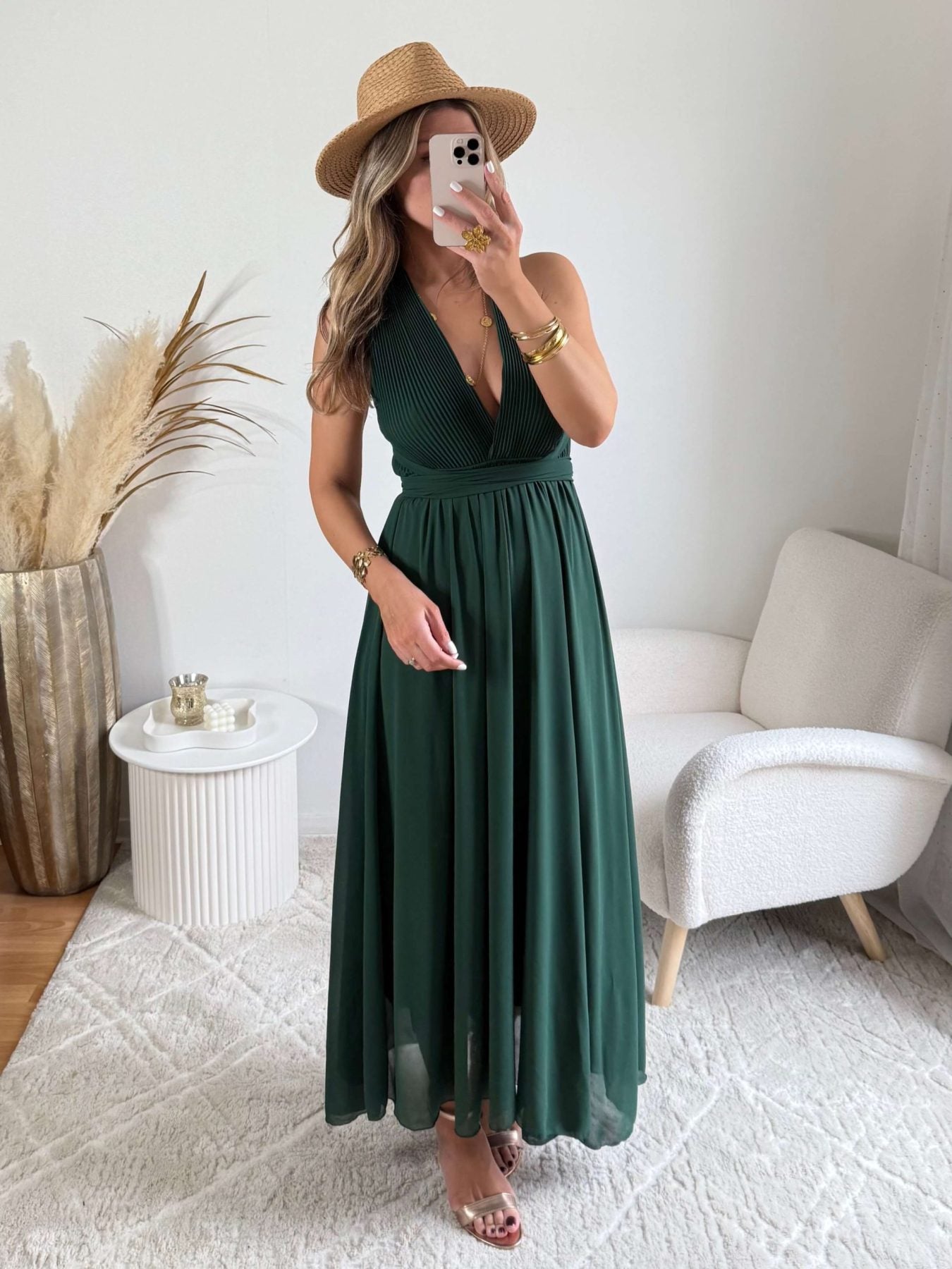 Robe longue vert foncé Valentina dos croisé taille unique, robe élégante fluide pour cérémonie et été – Easy Dressing