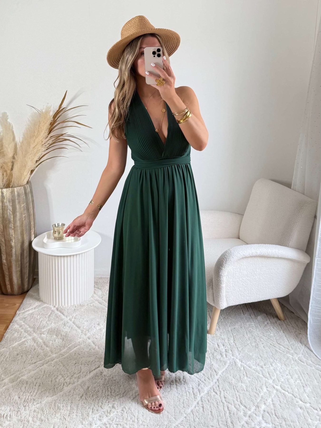 Robe longue vert foncé Valentina dos croisé taille unique, robe élégante fluide pour cérémonie et été – Easy Dressing