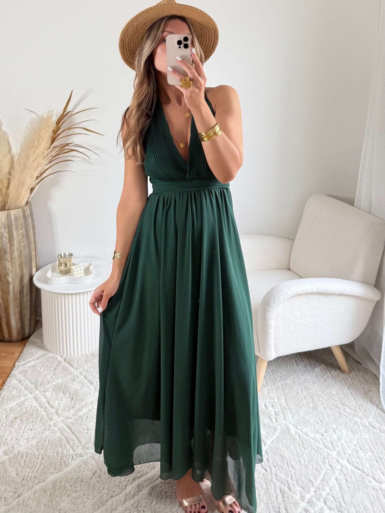 Robe longue vert foncé Valentina dos croisé taille unique, robe élégante fluide pour cérémonie et été – Easy Dressing