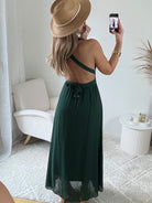 Robe longue vert foncé Valentina dos croisé taille unique, robe élégante fluide pour cérémonie et été – Easy Dressing