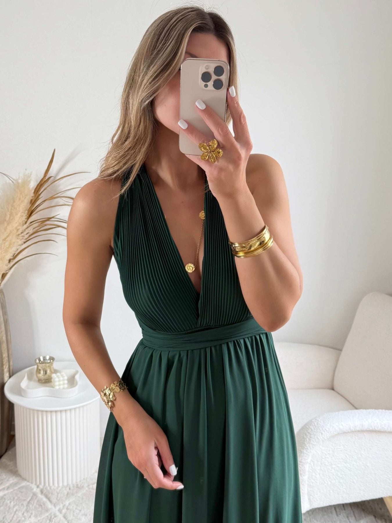 Robe longue vert foncé Valentina dos croisé taille unique, robe élégante fluide pour cérémonie et été – Easy Dressing