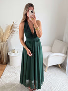 Robe longue vert foncé Valentina dos croisé taille unique, robe élégante fluide pour cérémonie et été – Easy Dressing