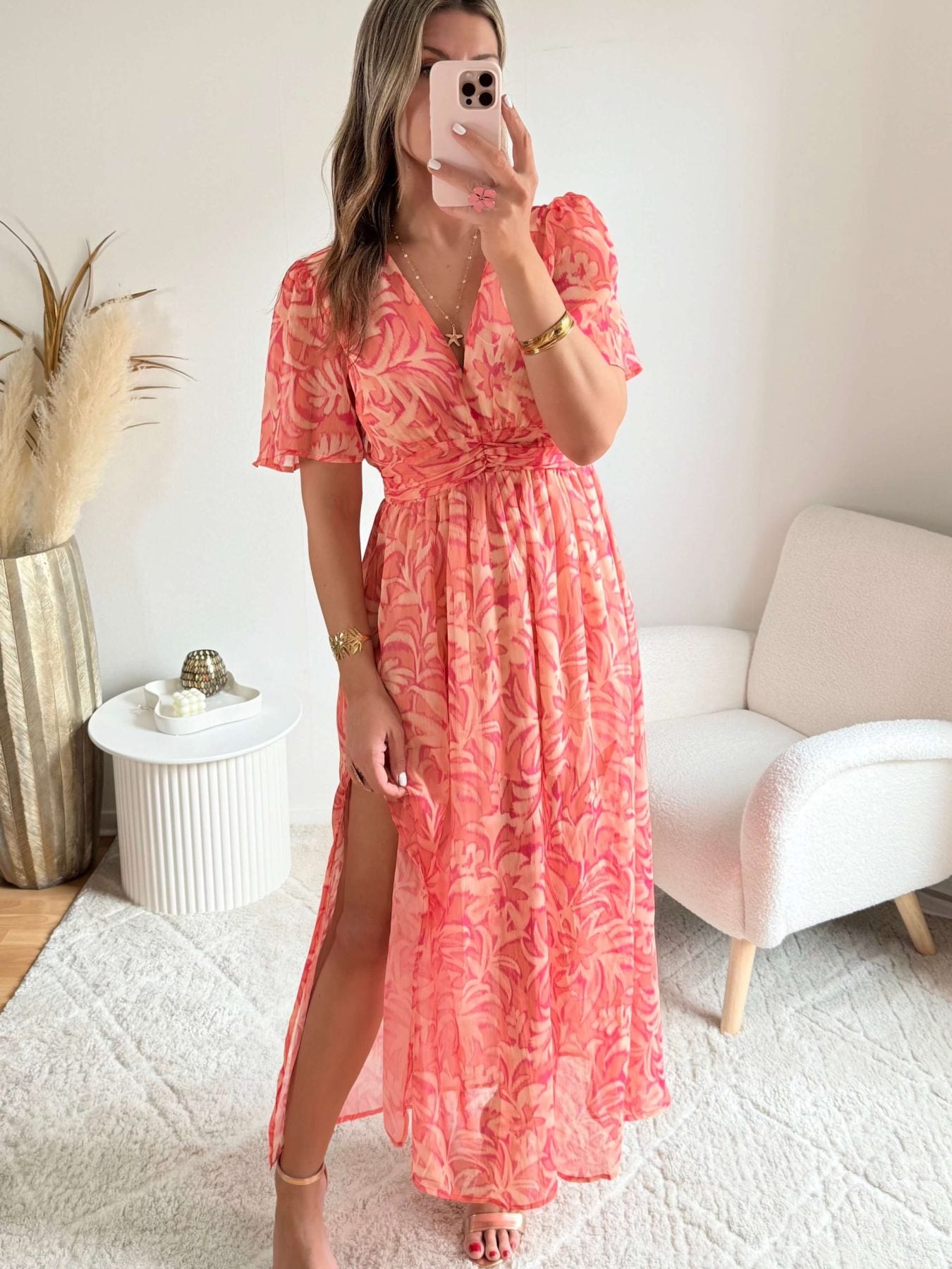 Robe longue fendue corail imprimé floral- Lisa