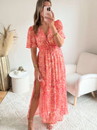 Robe longue fendue corail imprimé floral- Lisa