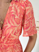 Robe longue fendue corail imprimé floral- Lisa
