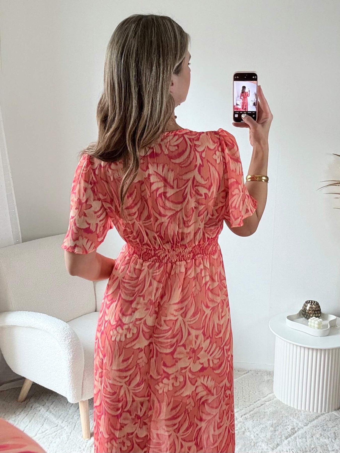 Robe longue fendue corail imprimé floral- Lisa