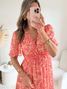 Robe longue fendue corail imprimé floral- Lisa