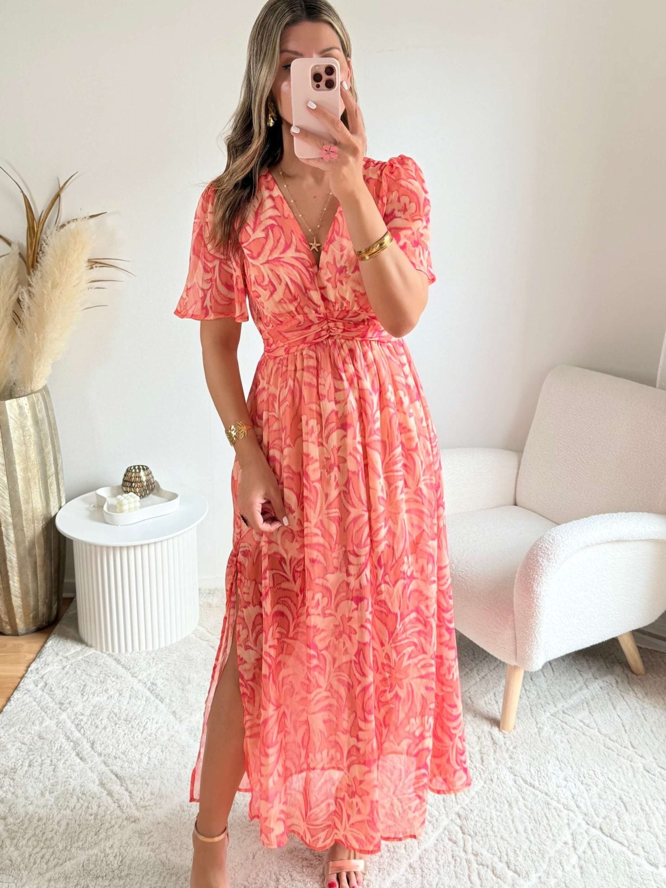 Robe longue fendue corail imprimé floral- Lisa