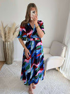 Robe longue bleue et rose fluide fendue femme élégante Easy Dressing