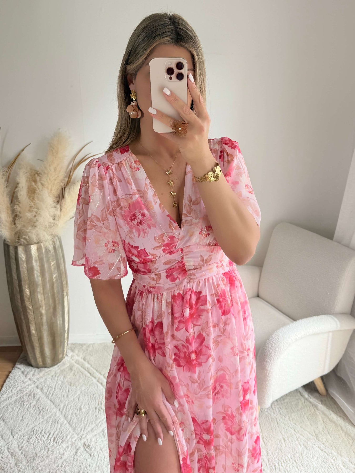 Robe longue fleurie rose Elora coupe fluide du S au 4XL