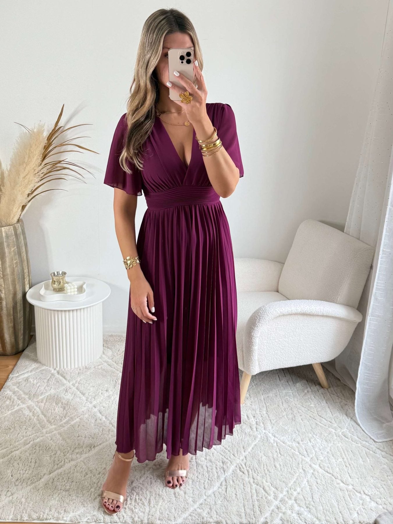 Robe longue prune plissée - Ana idéale pour cérémonie
