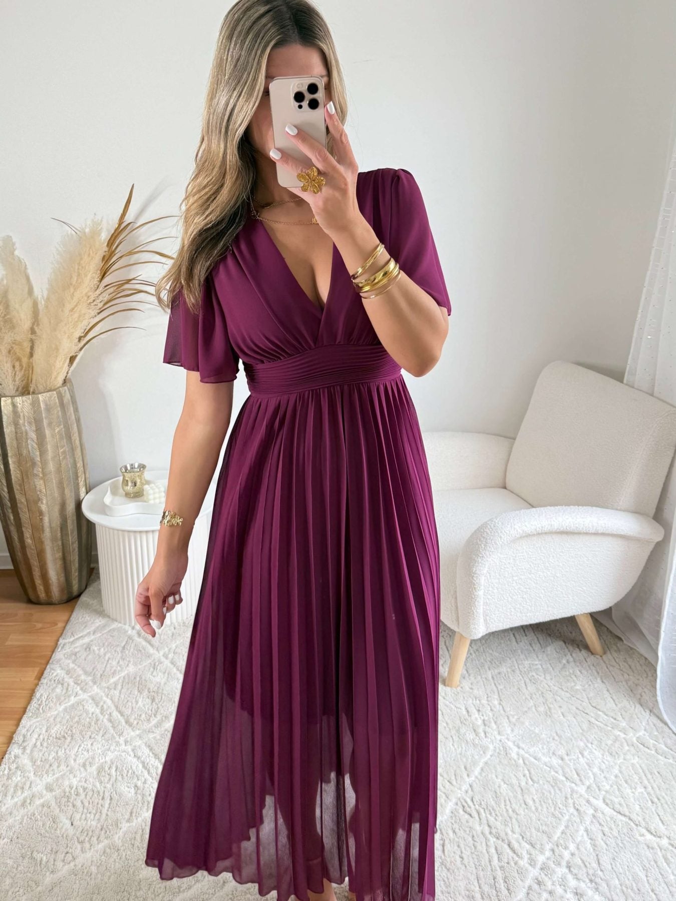 Robe longue prune plissée - Ana idéale pour cérémonie