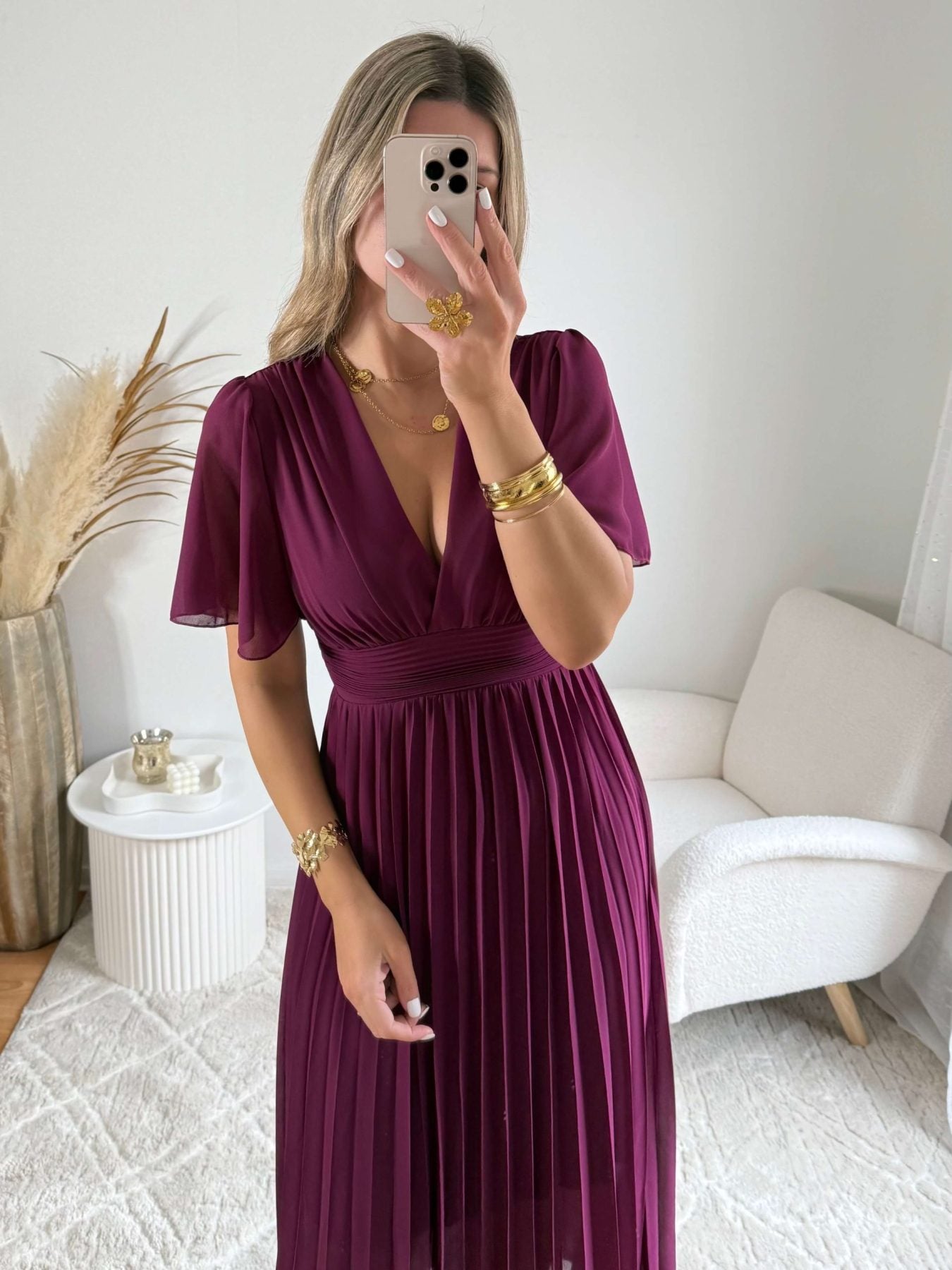 Robe longue prune plissée - Ana idéale pour cérémonie