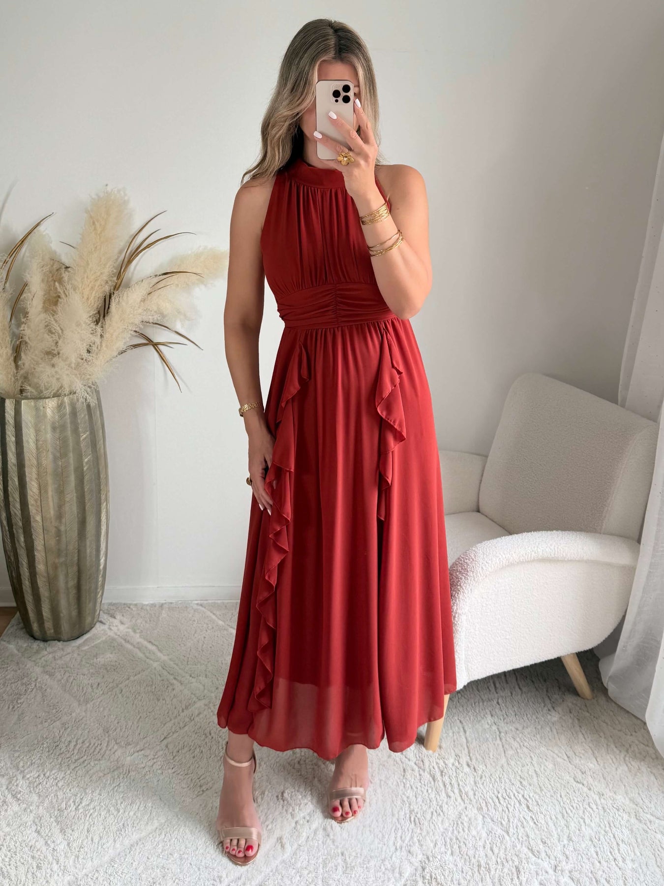robe longue terracotta fluide col montant Ariana femme élégante Easy Dressing