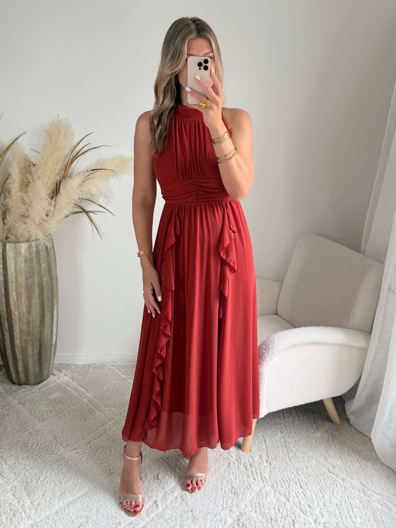 robe longue terracotta fluide col montant Ariana femme élégante Easy Dressing