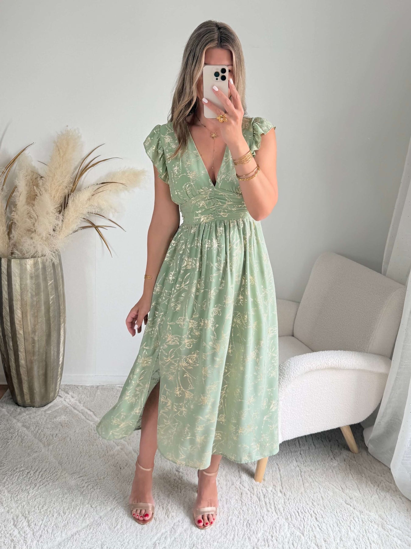 Robe vert sauge dorée Alice fluide fendue femme élégante Easy Dressing