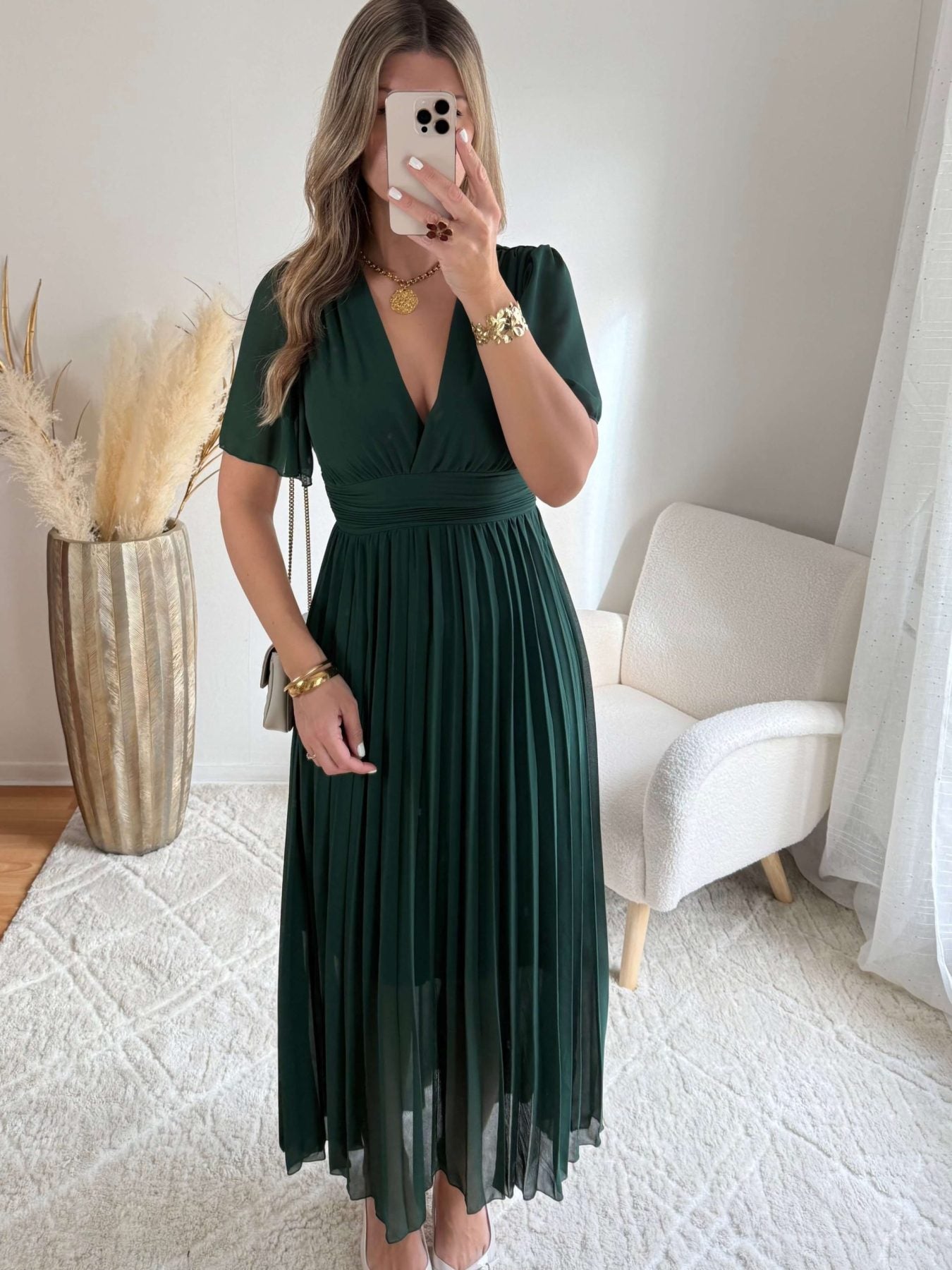 Robe plissée verte foncée - femme élégante du S au 3XL
