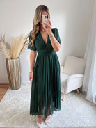 Robe plissée verte foncée - femme élégante du S au 3XL