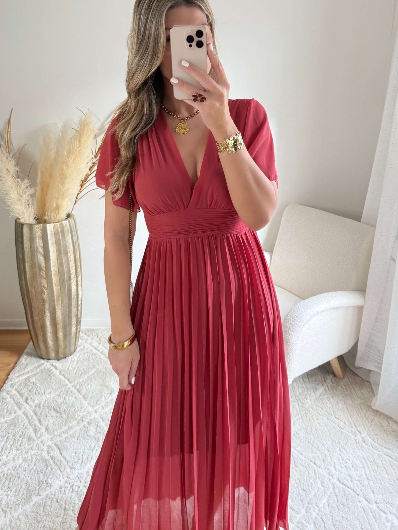 Robe plissée vieux rose Ana - Grandes Tailles cérémonies