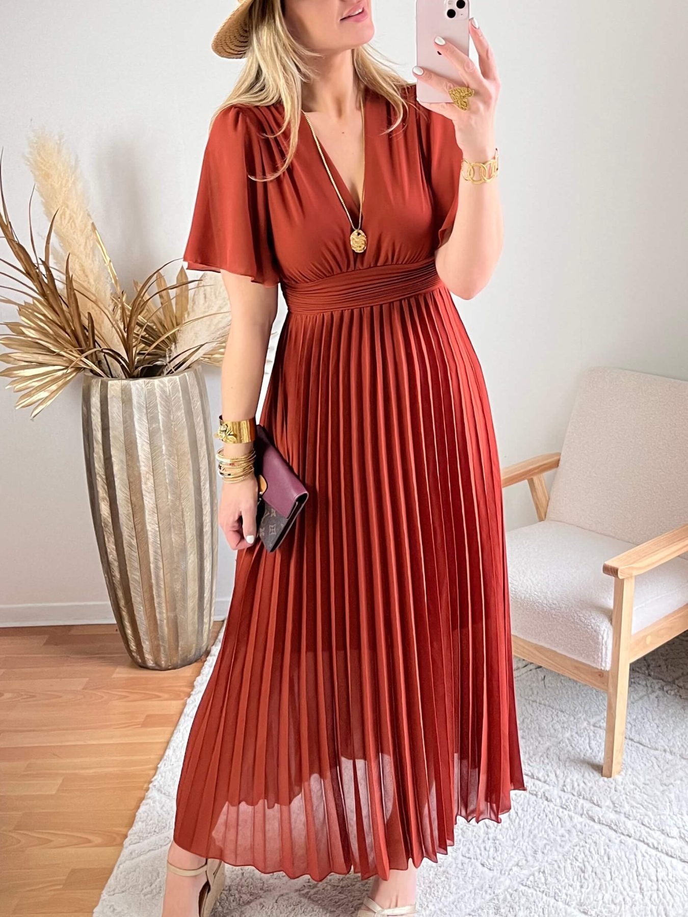Robe  longue plissée Terracotta - Ana - du S au 4XL