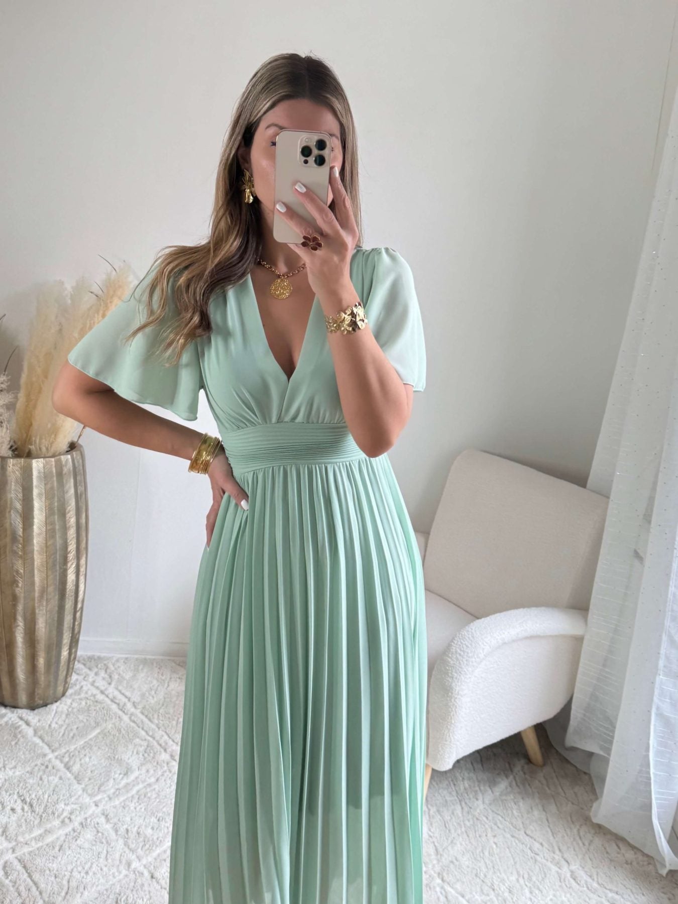 Robe vert d'eau plissée Ana idéale pour mariage ou cérémonie