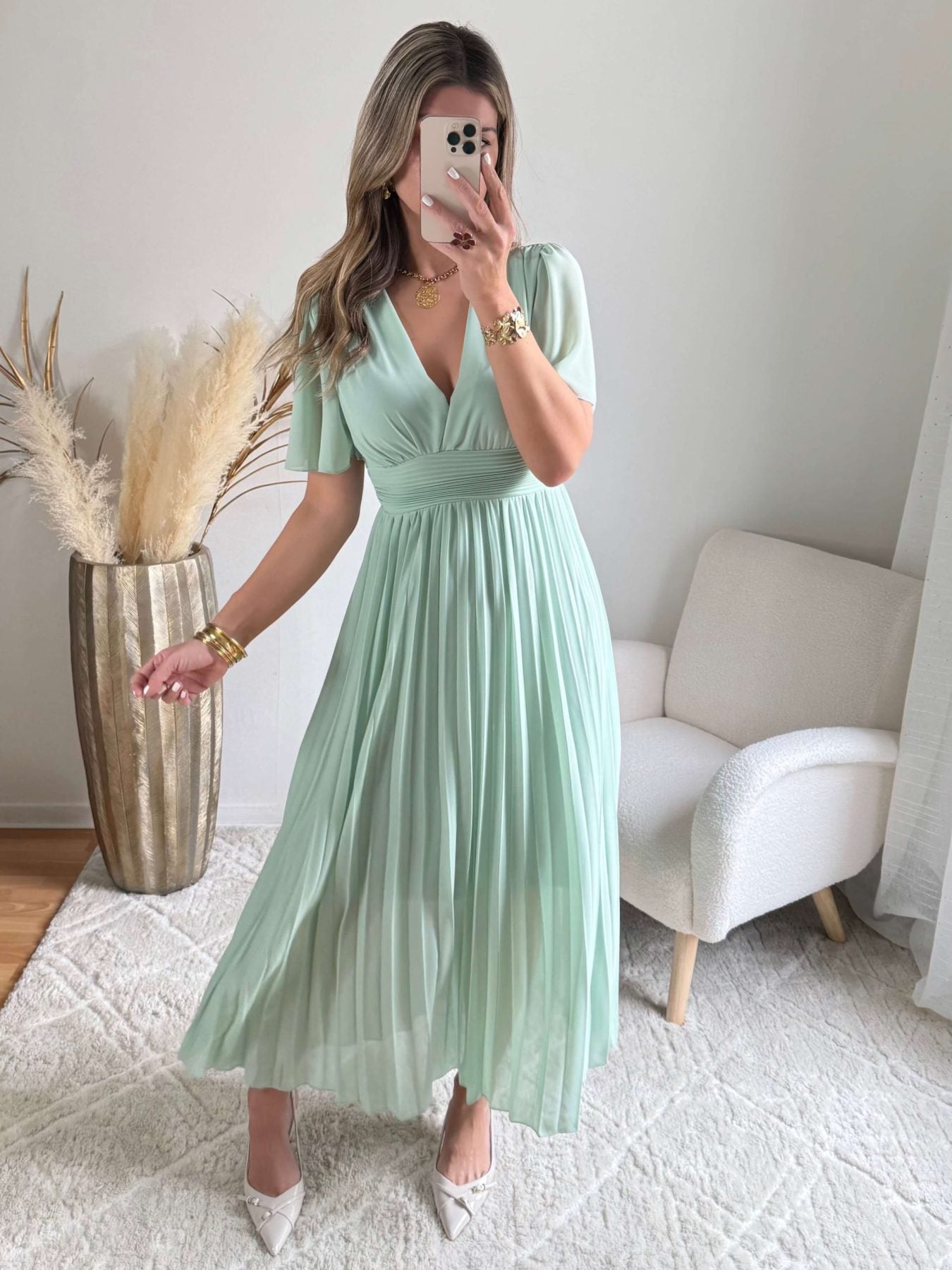 Robe vert d'eau plissée Ana idéale pour mariage ou cérémonie