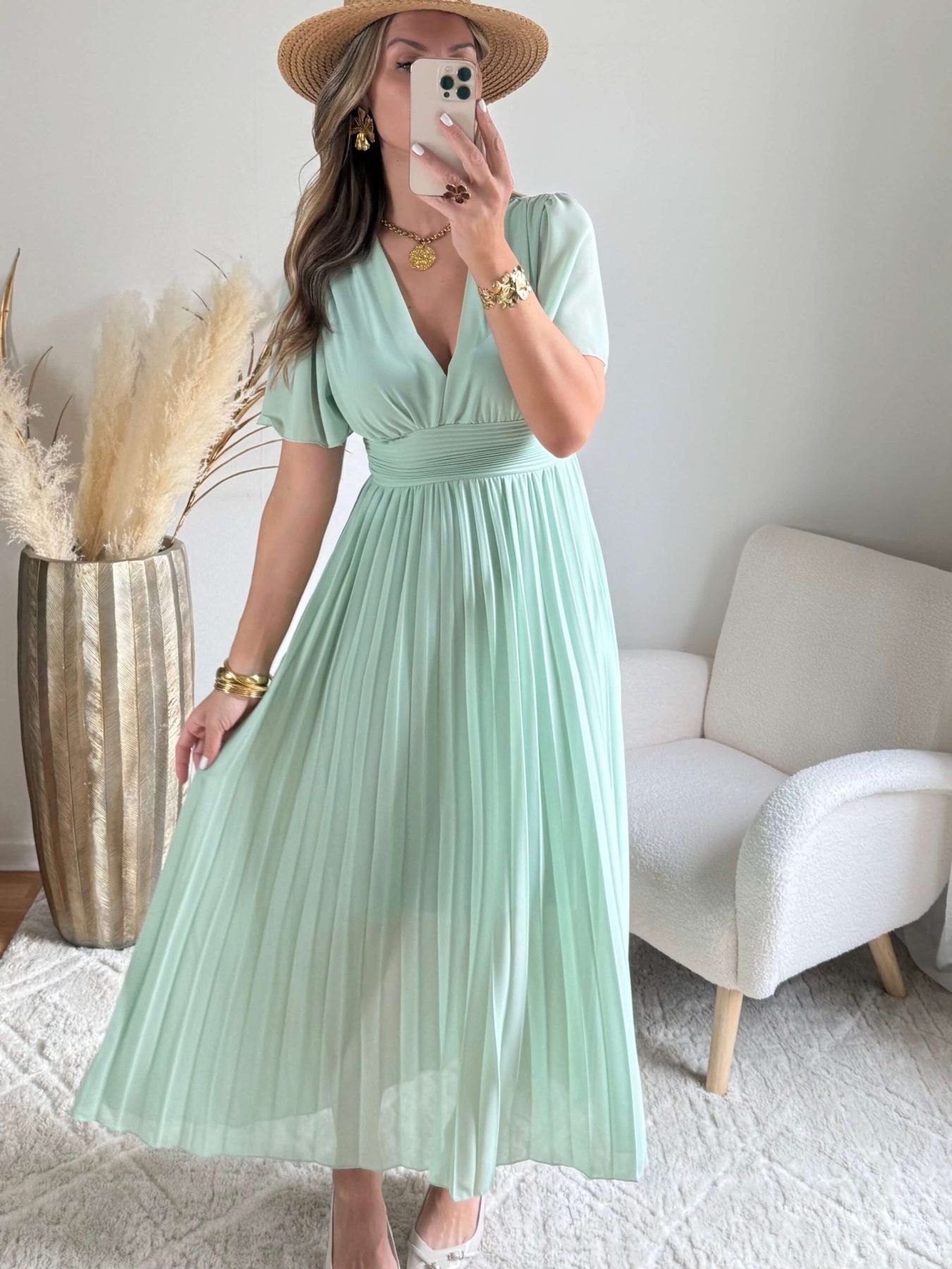 Robe vert d'eau plissée Ana idéale pour mariage ou cérémonie