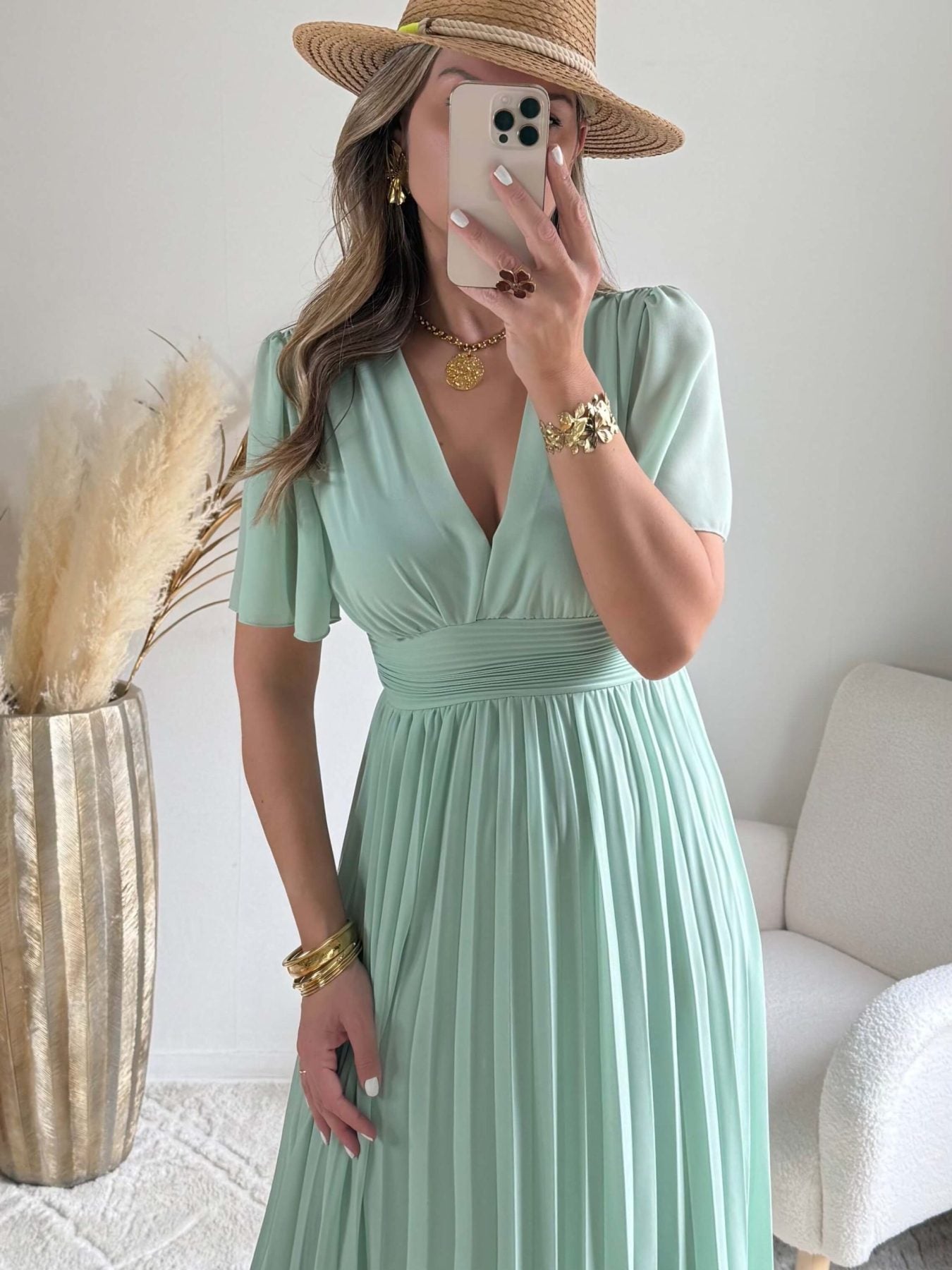 Robe vert d'eau plissée Ana idéale pour mariage ou cérémonie